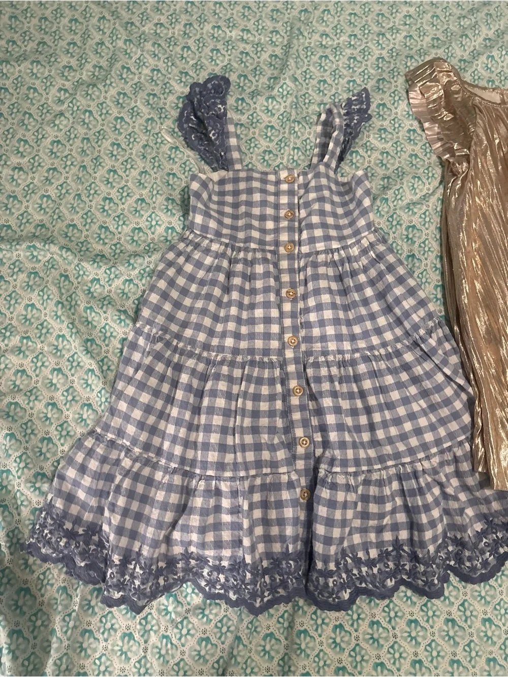Shabby Chic Blue Gingham Dress & Gold Metallic Party Dress lot of 2 dresses